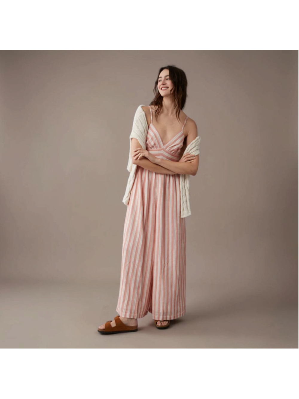 American Eagle Striped Plunge Neckline Flowy Jumpsuit Sz L